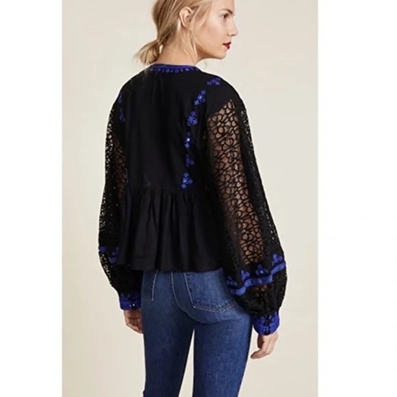 FREE PEOPLE Boogie All Night Balloon Lace Sleeve Top Blouse Embroidered Small - Picture 9 of 15